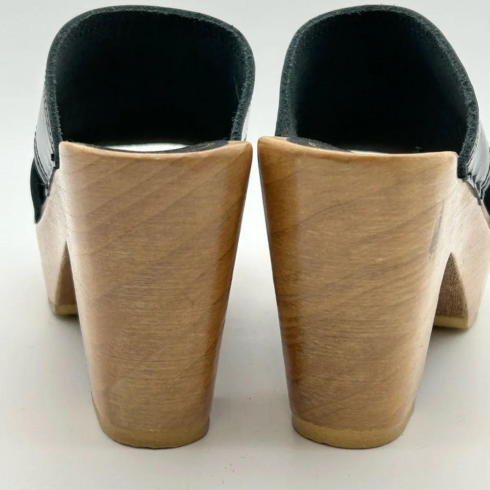No. 6 Black Patent Leather Platform Clogs with Wood Sole - Picture 9 of 11